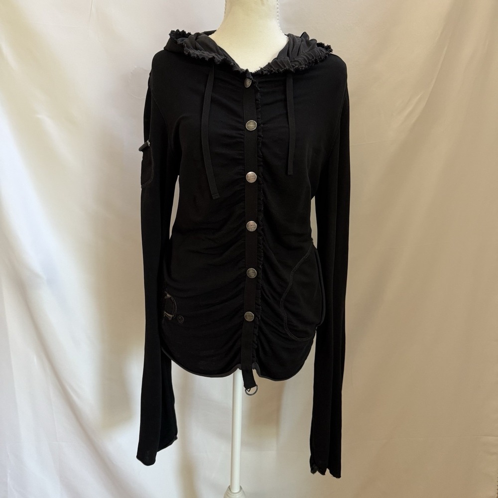 Cop Copine Vintage Y2K Ruched Black Snap Front Cardigan Hoodie Size 36 Logo